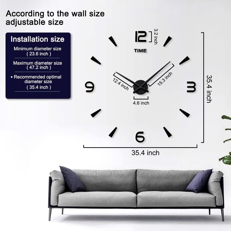 SIEMOO Large DIY Wall Clock Kit, 3D Frameless Wall Clock with Mirror Number Stickers for Home Living Room Bedroom Office Decoration-Black 022 - Image 5